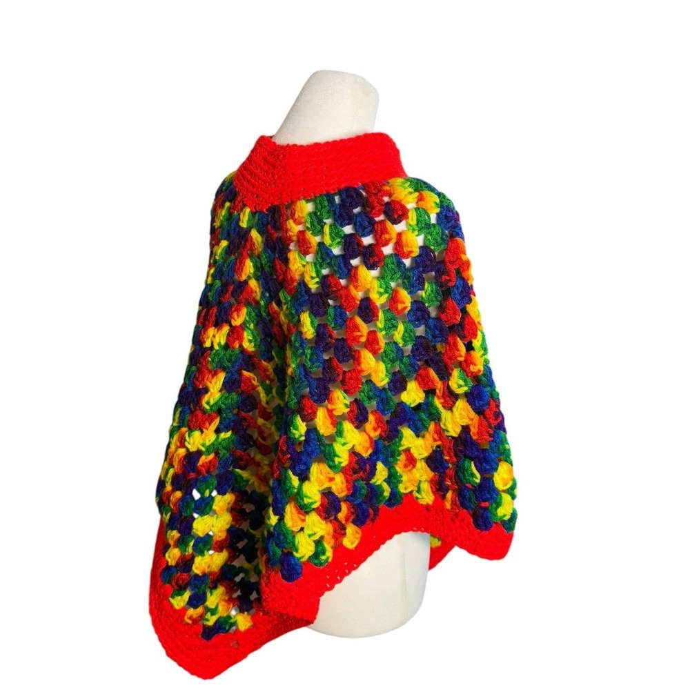 Vintage 70s Crochet Poncho Kids Rainbow Chunky Knit Boho Handmade Cape - Picture 4 of 10